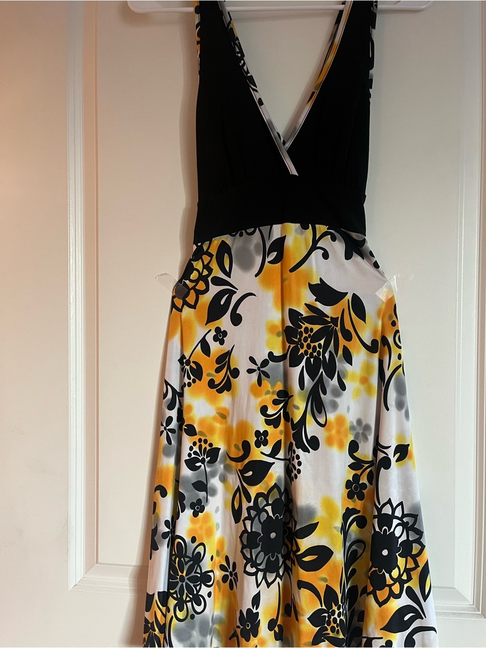 Black & Yellow Floral Midi Dress with V-Neck